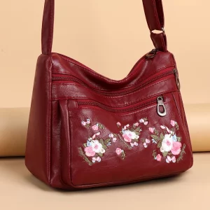 Buy Flower Embroidery Crossbody Bag Fashion PU Leather Women Shoulder Bag Large Capacity Multi Pockets Purses 25*20*12cm in Ghana.