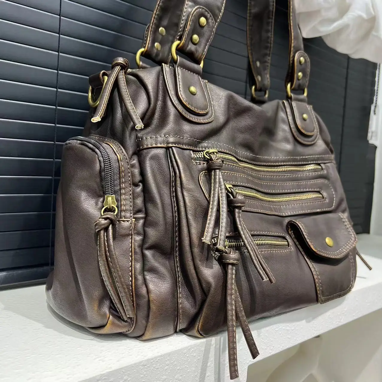 Buy Y2K Hot Girl Single Shoulder Crossbody Bag Vintage Washed Leather Motorcycle Bag Large Capacity Multi Pocket Bag in Ghana.
