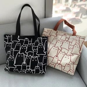 Buy Canvas Bags Handbag for Women Shopper Cute Cat Tote Bag with Zipper Designer Bag Japanese Style Cartoon Small Shoulder in Ghana.