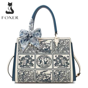 FOXER Split Leather Embroidered Women's Handbag with Chinese Style, 2025 New Fashion Female's Shoulder Bag Purse, Gift for Mom