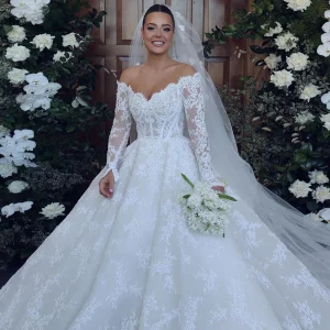 Buy Sharon Said Luxury Dubai Ball Gown Wedding Dress Elegant Off Shoulder Long Sleeve Beaded Arabic Bridal Gown SW002 Customized in Ghana.