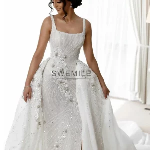 Buy SWEMILE Luxury A Line Sequins Beads Wedding Dress Detachable Train Bridal Gown Square Neck Straps Vestido De Novia Customized in Ghana.